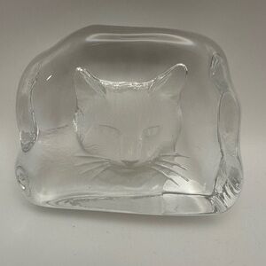 Vintage Reverse Etched Carved Cat Art Glass Clear Paperweight Feline